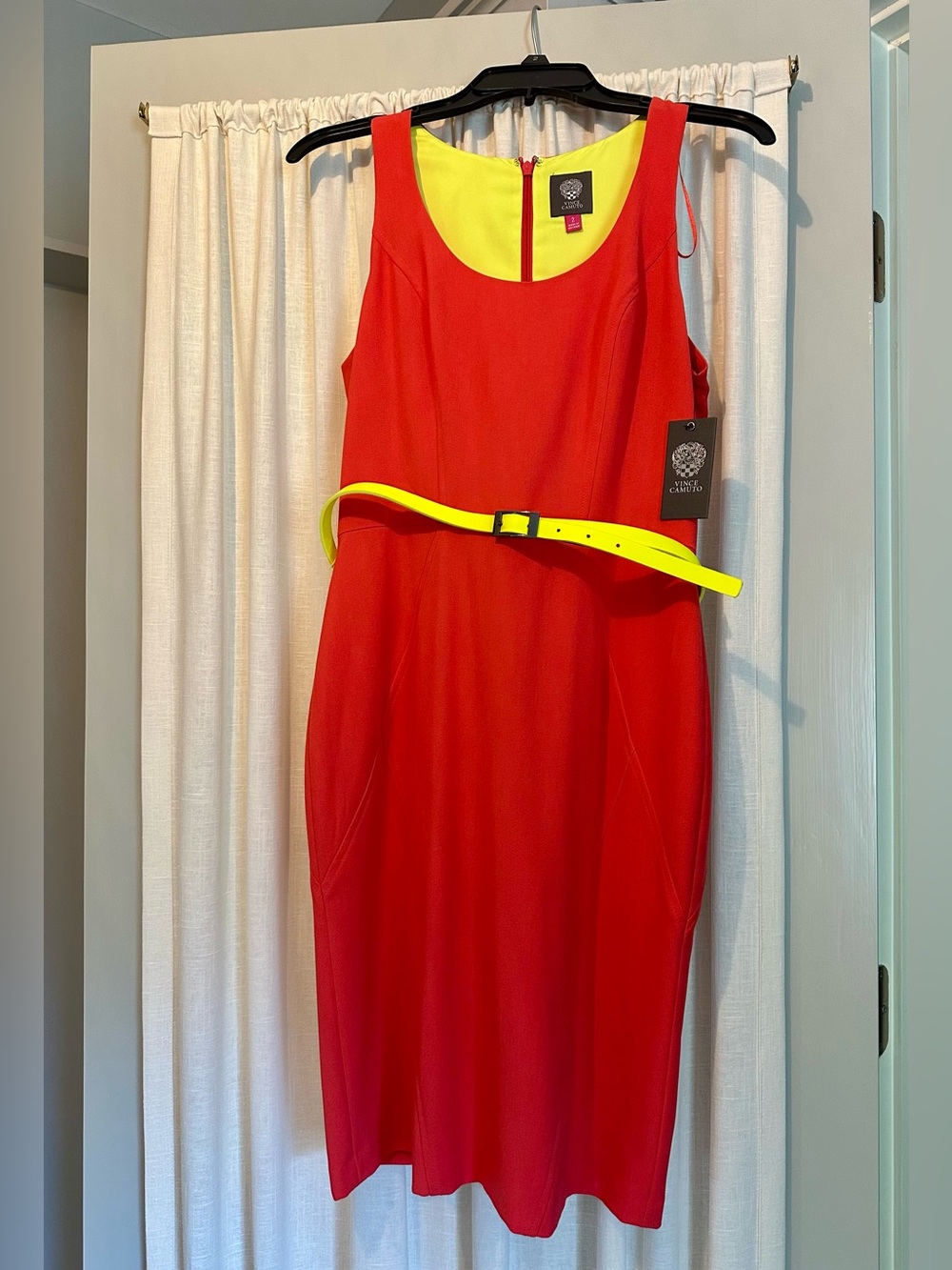 NEW Sleeveless bright orange dress with Neon Yellow Belt
